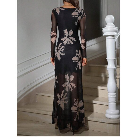 Floral Print Sheer Waist-Cinching Dress - Picture 4 of 5